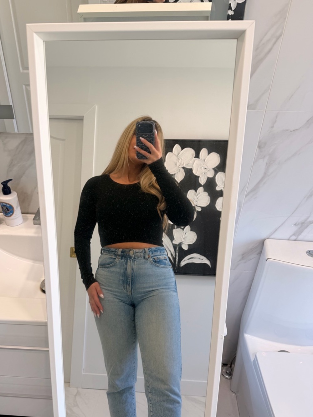 Zara Black Long-Sleeve Cropped Knit Top